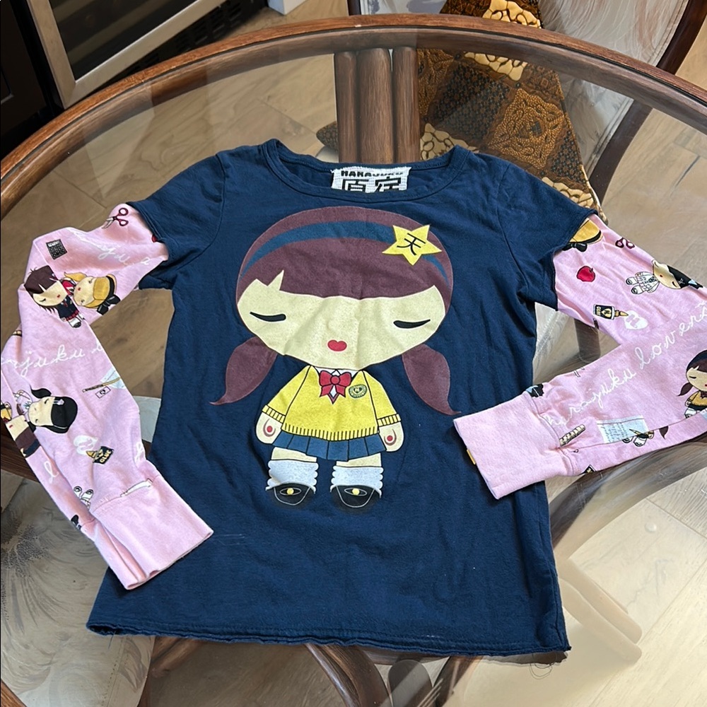 Harajuku Kids Navy and Pink Long Sleeve Tee with Graphic